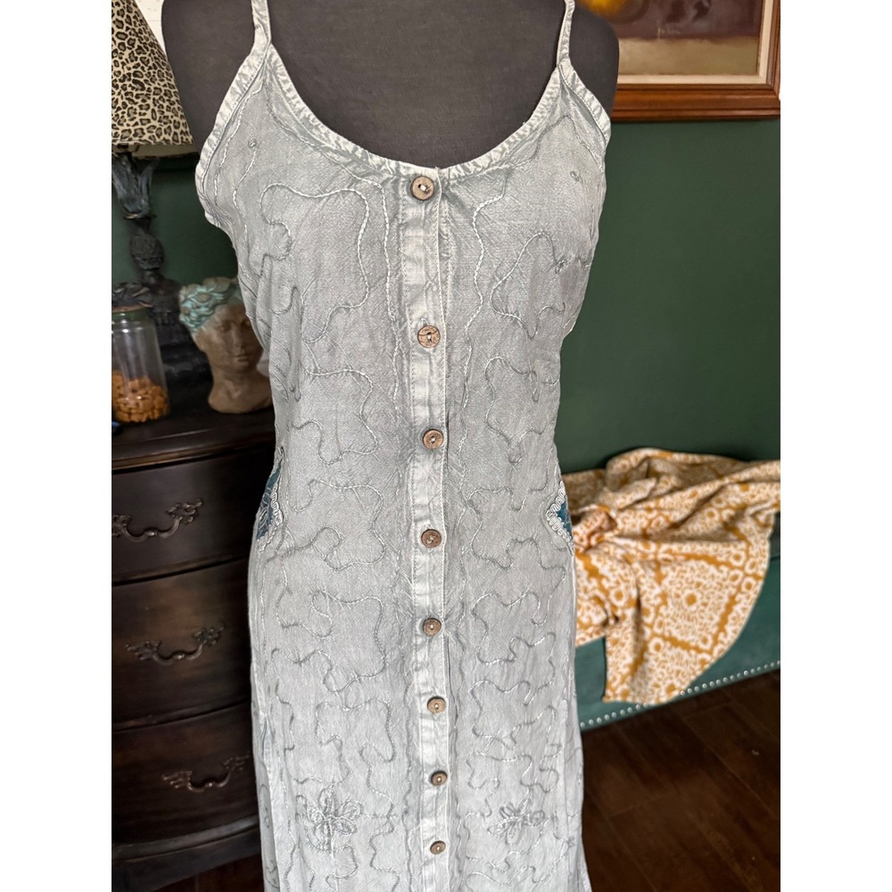 Wild Flowers Vintage Denim Maxi Dress Floral Embroidered Button Front M